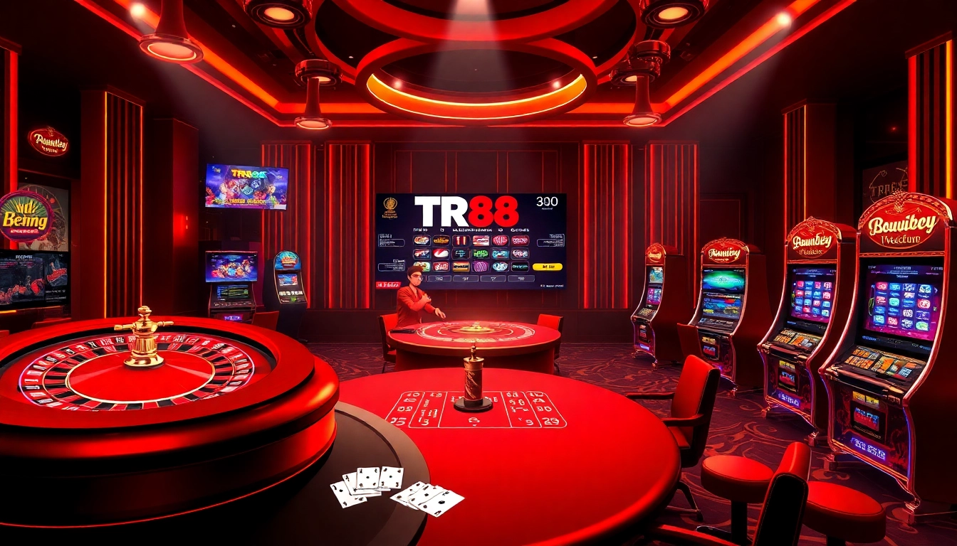 Engage in high-stakes action at tr88 trang chủ with an exciting casino scene featuring roulette and poker tables.