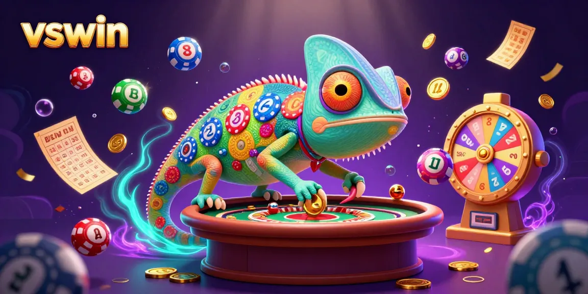 Experience thrilling gaming at VSWIN with vibrant 3D chameleon casino characters immersed in exciting activities.