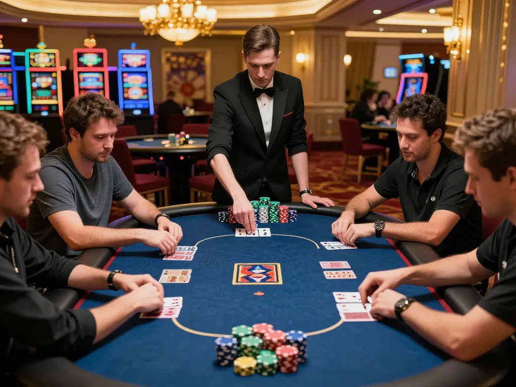 Engaged players in a high-stakes poker game at a Vegas casino, showcasing keonhacai strategies