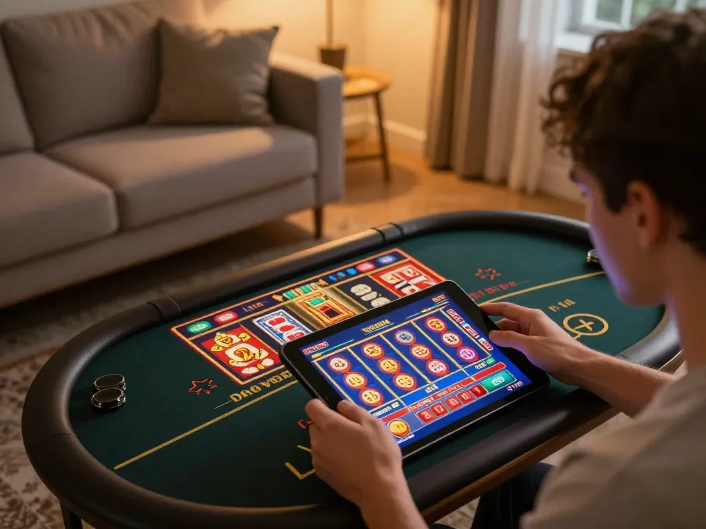 Player enjoying games on trang chủ lv88 while using a tablet in a cozy home setting