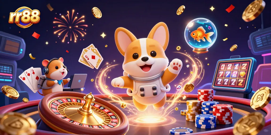 Engage with rr88's dynamic casino experience featuring a 3D astronaut corgi and gaming action.