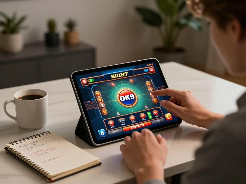 Engaging with Ok9 casino games on a tablet during cozy home evening.