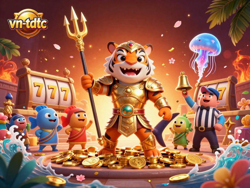 Engage with thrilling gameplay at vn-tdtc: vibrant underwater casino scene featuring a golden shark gladiator.