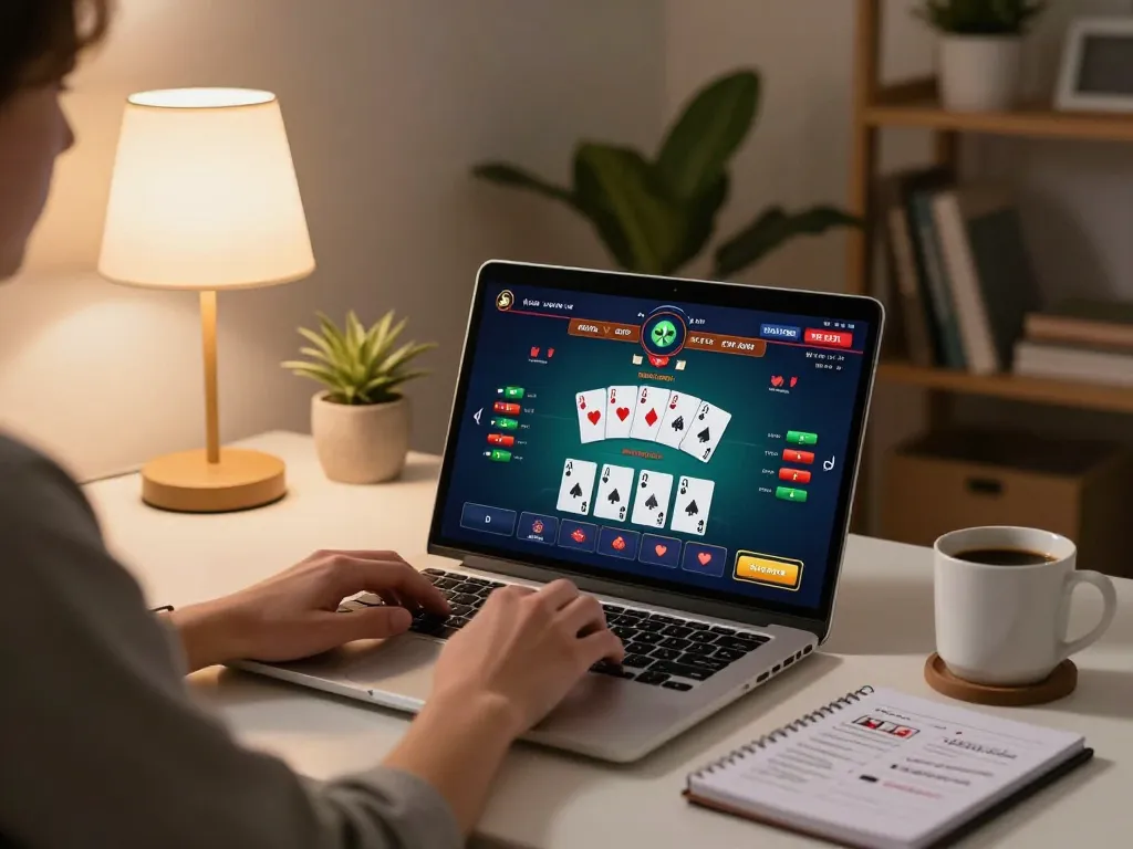 Player engaging with the alo8 online casino interface from a cozy living space, focusing on strategy.
