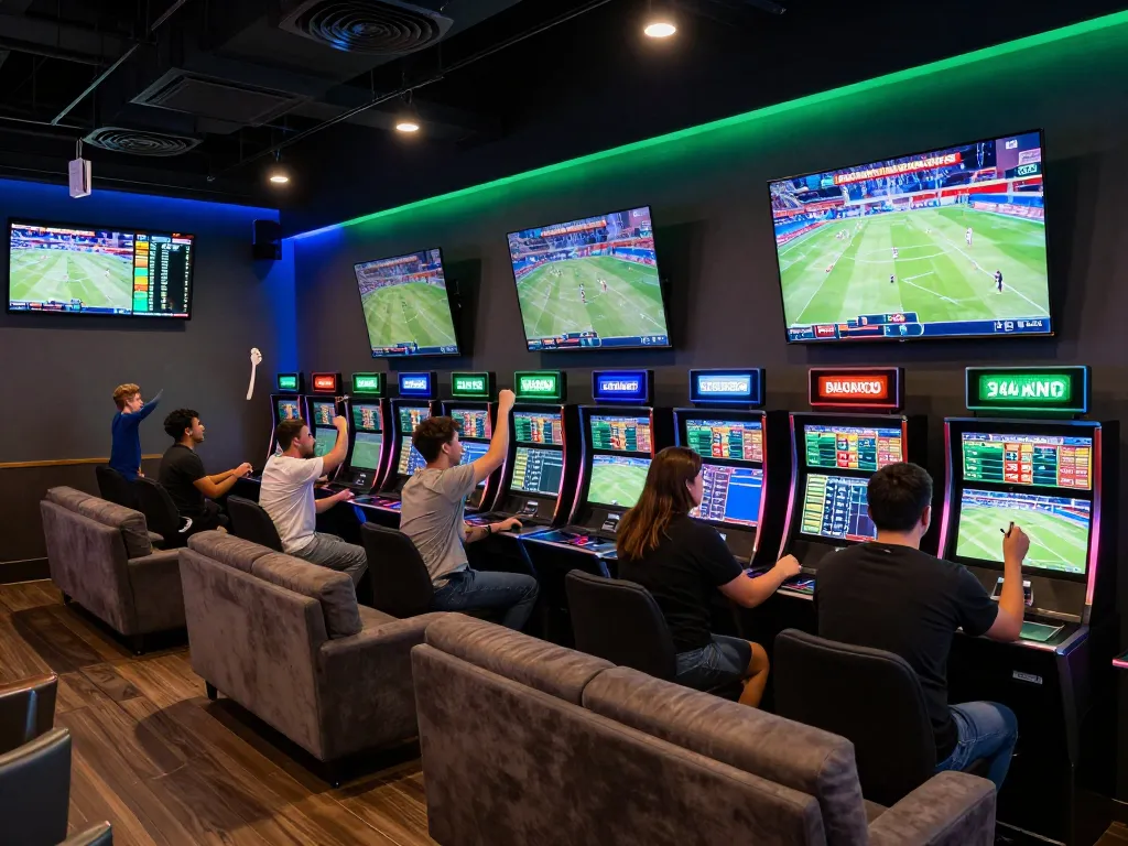 Patrons engaged in live sports betting at a modern lounge, showcasing 1gom strategies and excitement.