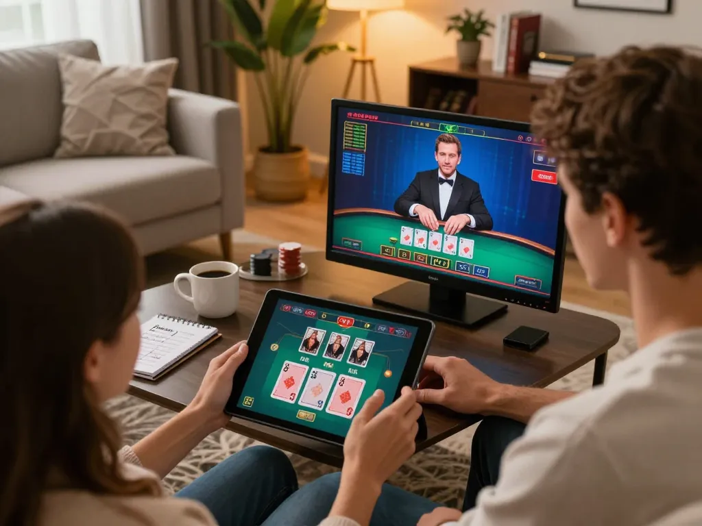 Engaged player using XX88 online casino app for live blackjack in a cozy home setting.
