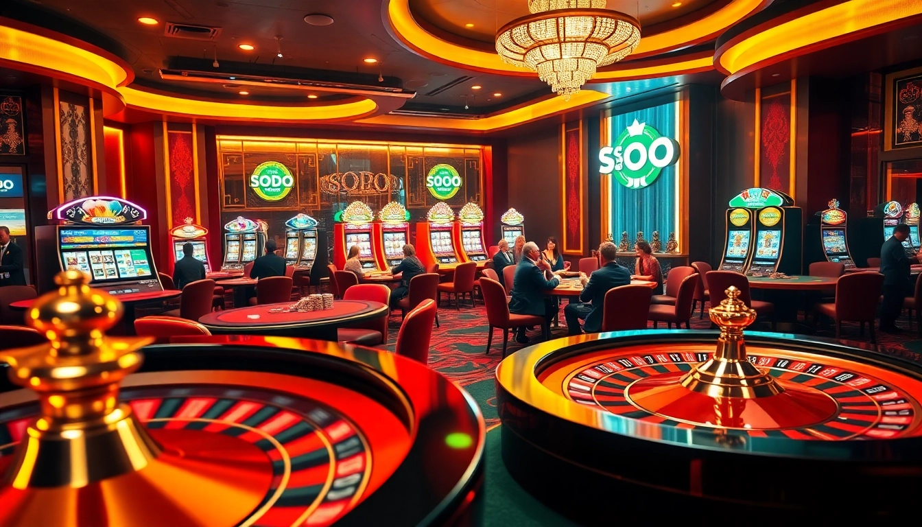 SODO Casino scene with players at poker tables and colorful slot machines, embodying excitement.