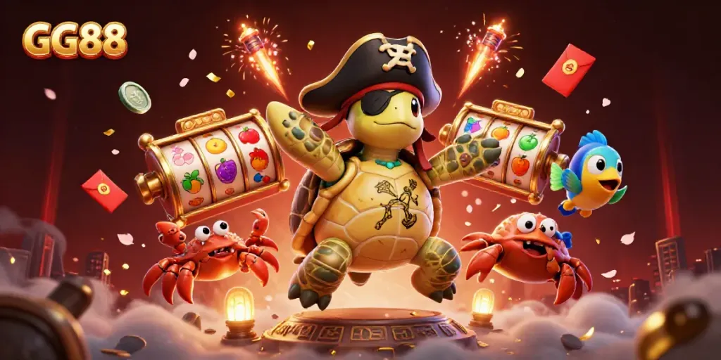 Experience exciting gameplay with GG88's ultra-detailed 3D illustration featuring vibrant slot machines and charismatic sea creatures.