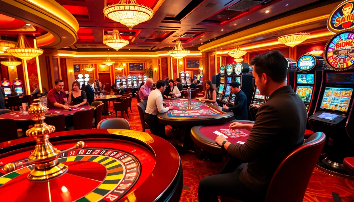 Players enjoying thrilling gambling activities at https://luongsontv60.com/ casino, featuring roulette and poker tables.