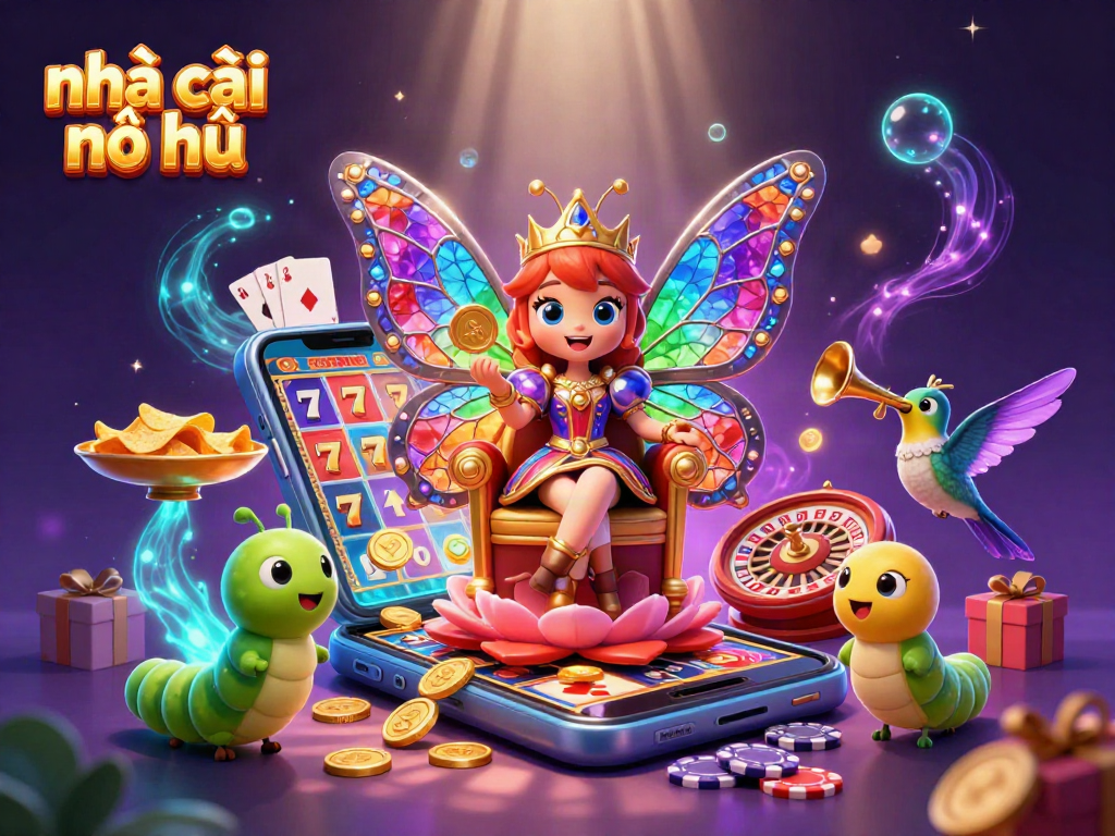 Engage with nhà cái nổ hũ featuring a vibrant 3D illustration of slot games and a butterfly queen.
