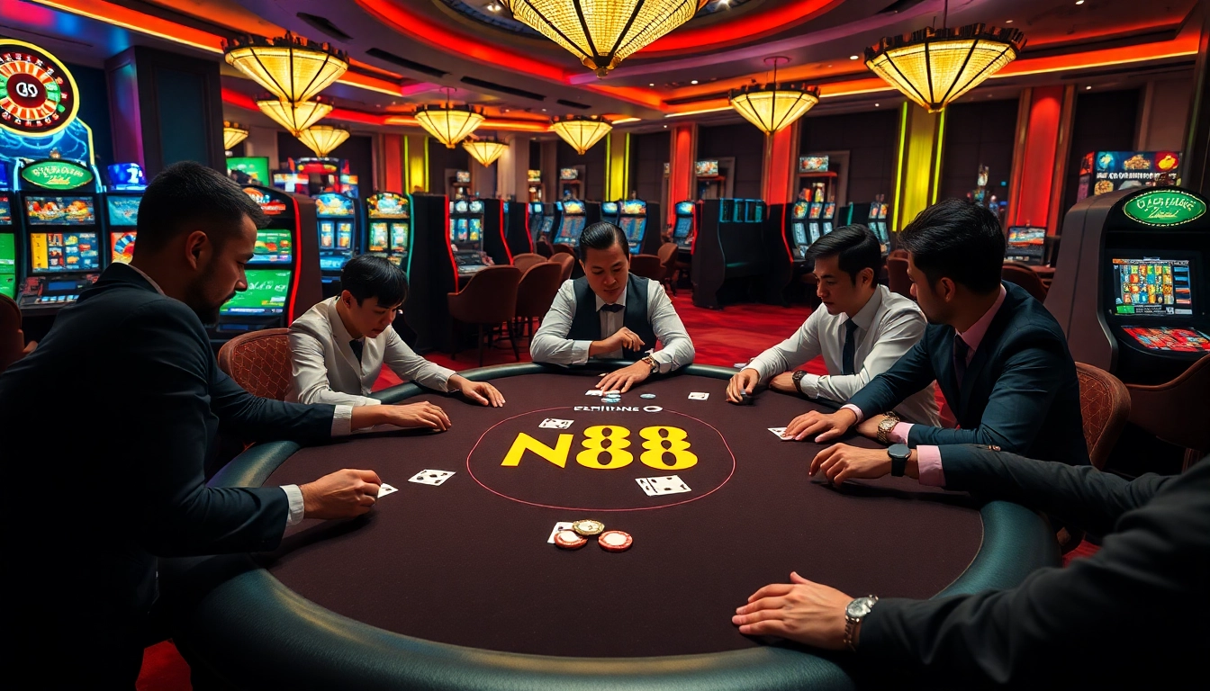 Players enjoying an exciting game at the NK88 poker table, capturing the thrill of casino gambling.