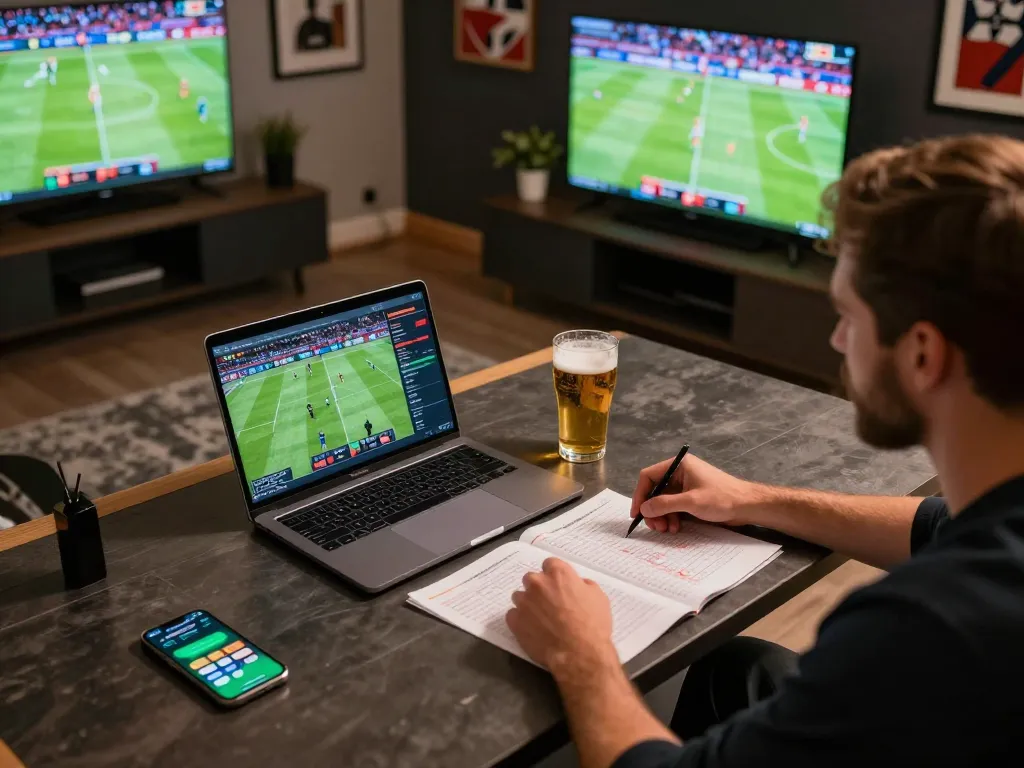 Sports enthusiast placing bets with keo nha cai app open on laptop, football game on TV, vibrant home atmosphere