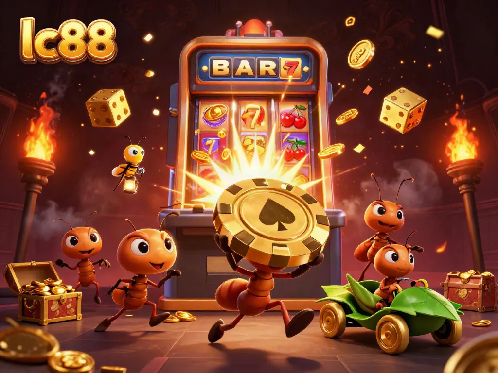 Engage with lc88 casino excitement as ants carry a giant poker chip amidst dazzling slot machine elements.