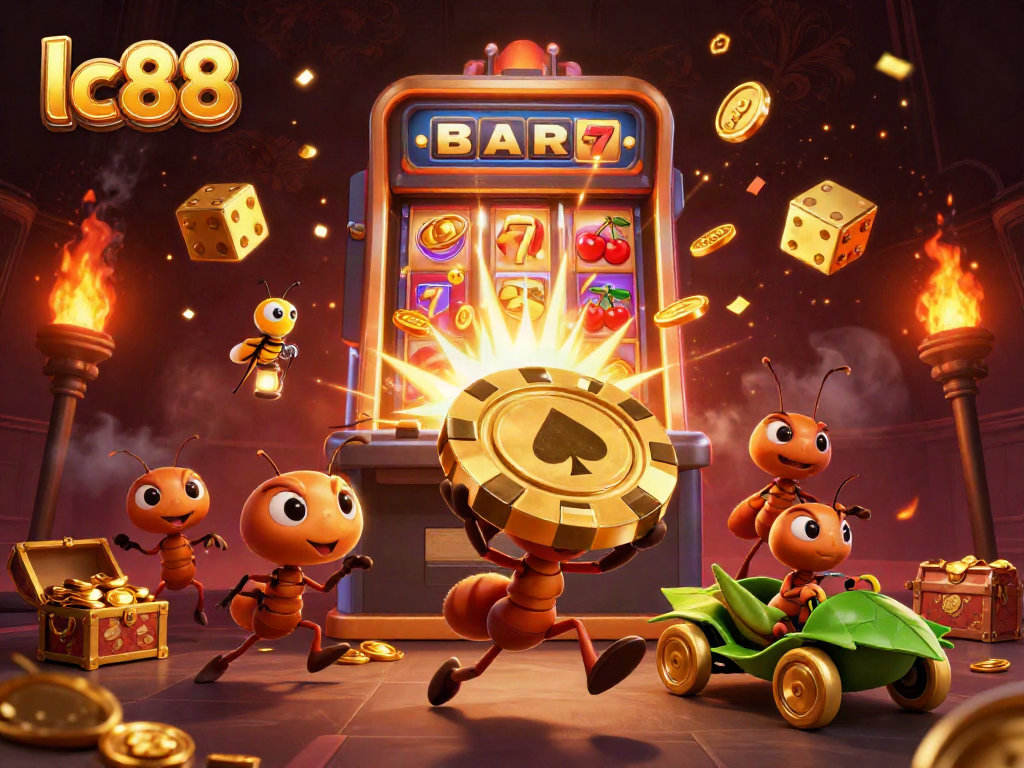 Engage with lc88 casino excitement as ants carry a giant poker chip amidst dazzling slot machine elements.