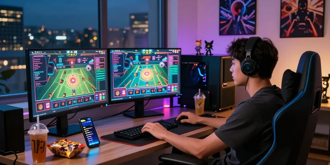 Engaged player at KO66 gaming setup with vibrant screens and city view