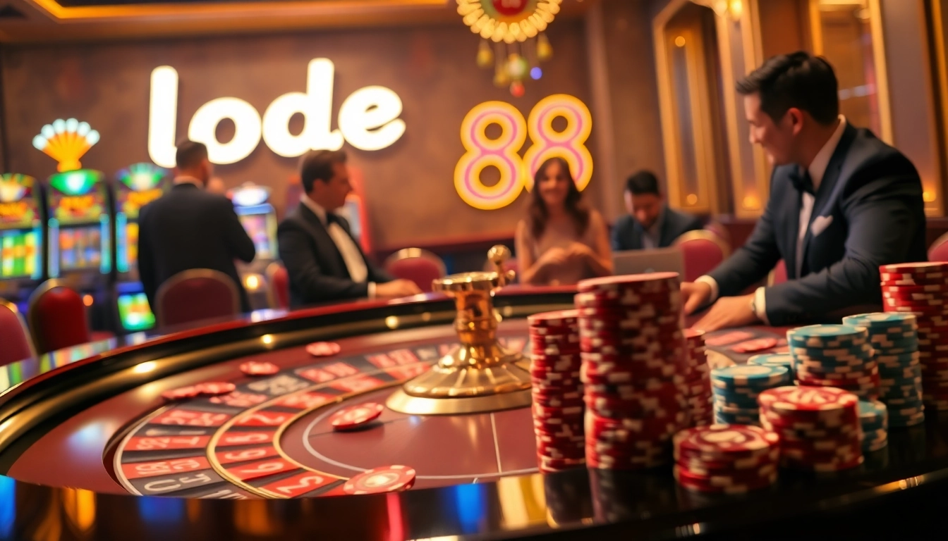 Excited players engaging at a luxurious 'lode 88' casino roulette table with vibrant chips.