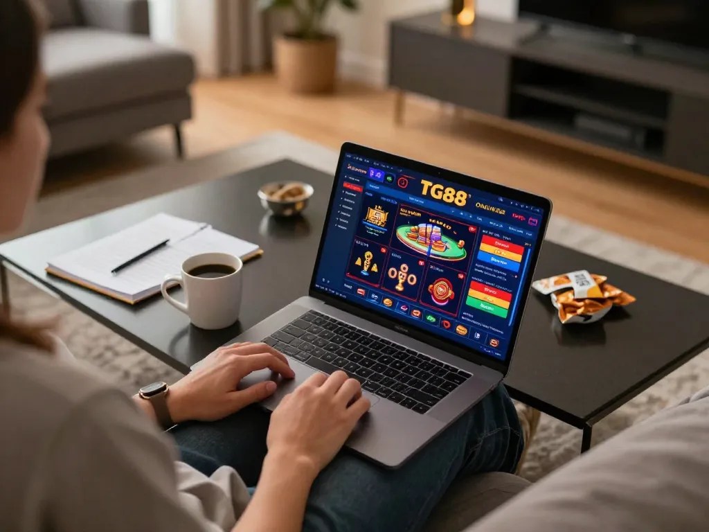Engaging online casino gaming on TG88 with vibrant visuals in a cozy home environment