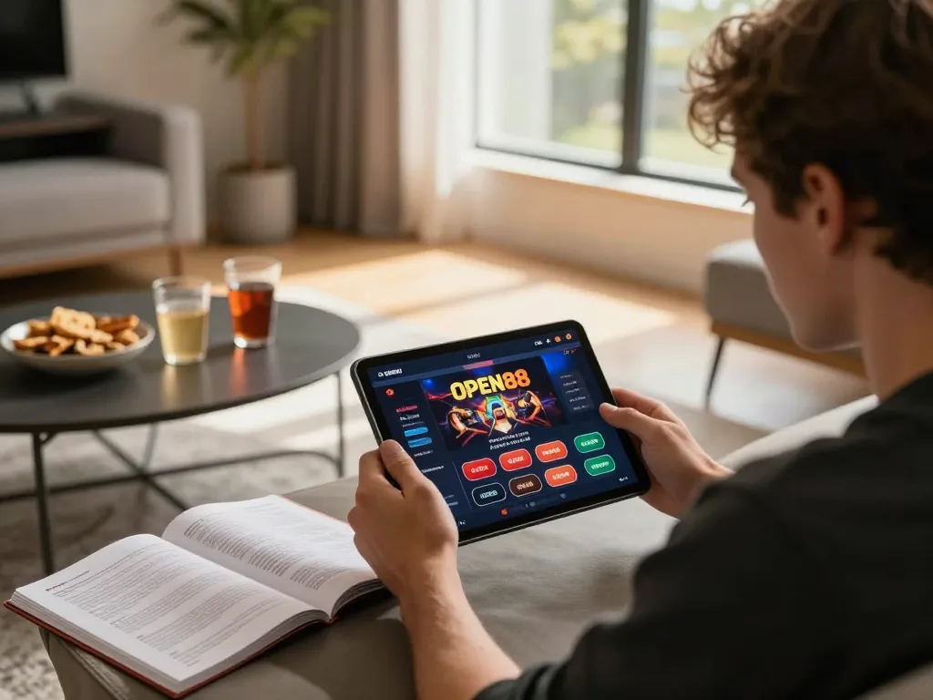 A player engaging with the OPEN88 casino platform on a tablet while enjoying a relaxed home setup.