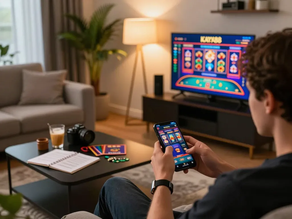 Kaya88 player engaging in mobile gambling activities in a cozy living room setup with stylish decor.