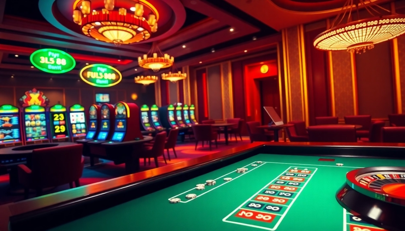 Experience the thrill of online gambling at nhà cái Fly88 with vibrant casino visuals featuring tables, slots, and poker chips.