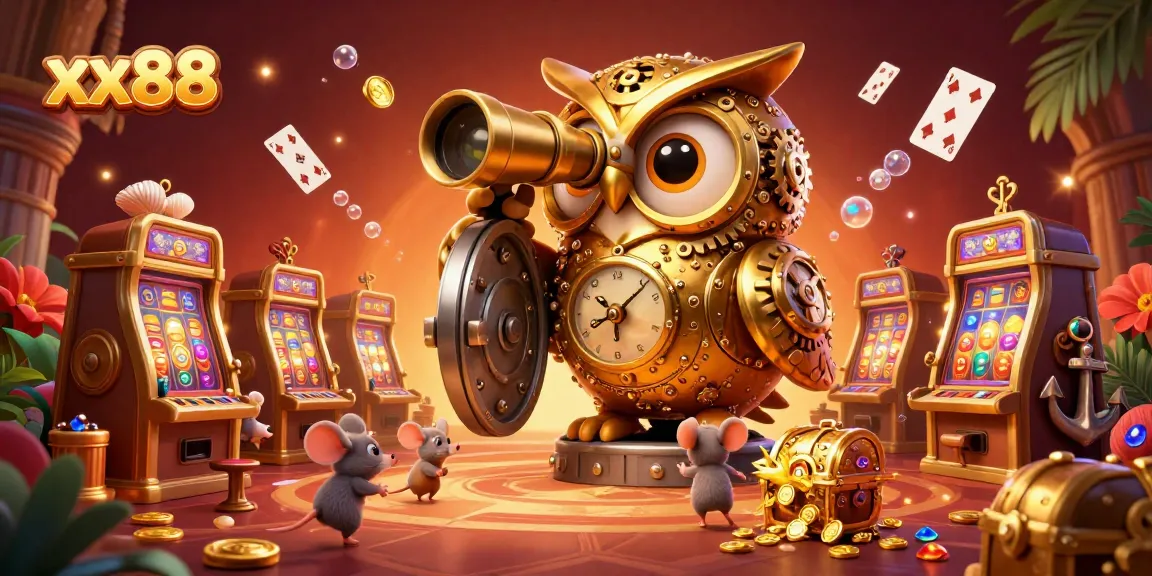 Immerse in the dynamic casino atmosphere of xx88, featuring a golden owl overseeing a vibrant slot machine scene.
