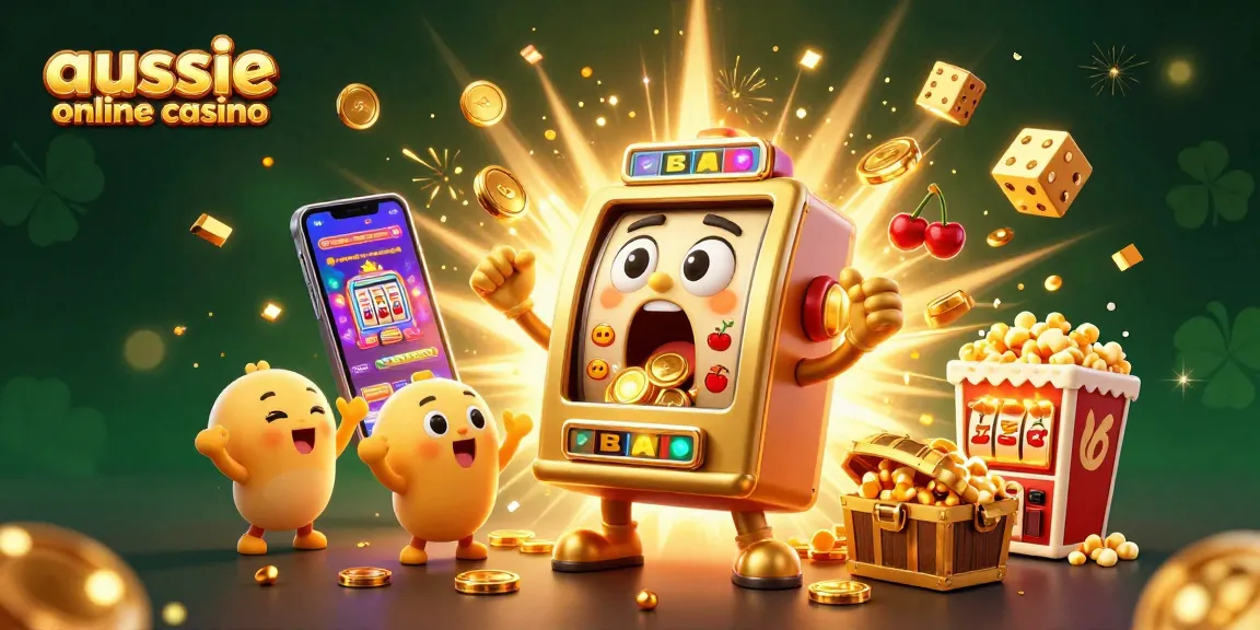 Exciting scene of the aussie online casino jackpot with slot machine, coins, and cheering characters.