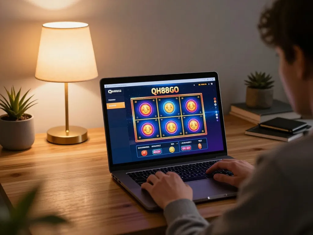 Player enjoying exciting online gaming at qh88go on a sleek laptop with colorful graphics.