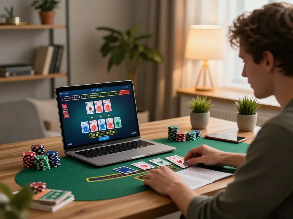 Player using MM88 for online blackjack, displaying game interface and chips in a cozy home setup.