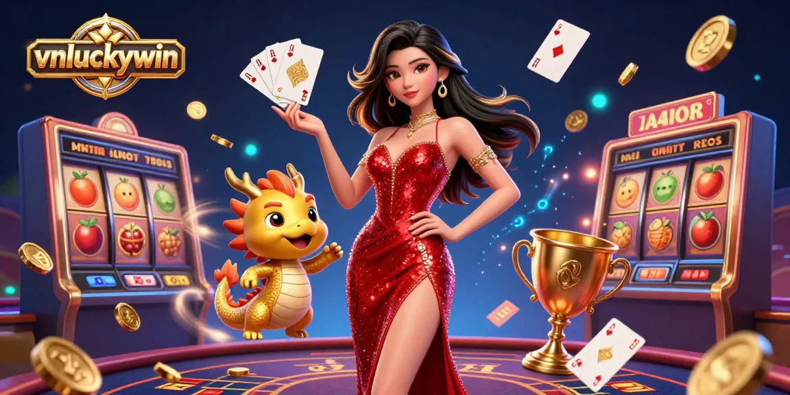 Experience thrilling gameplay at vnluckywin with an Asian woman in a stunning gown, dragons, and casino excitement.