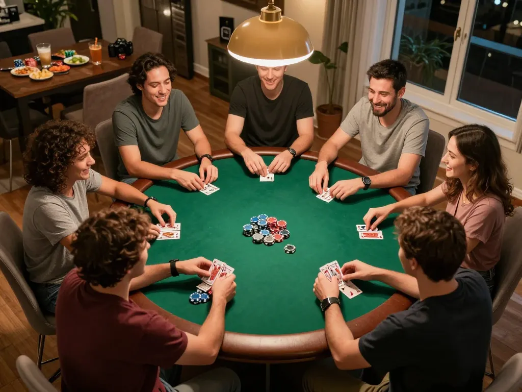 Players engaging in an exciting home poker game featuring RR99 with vibrant cards and chips.