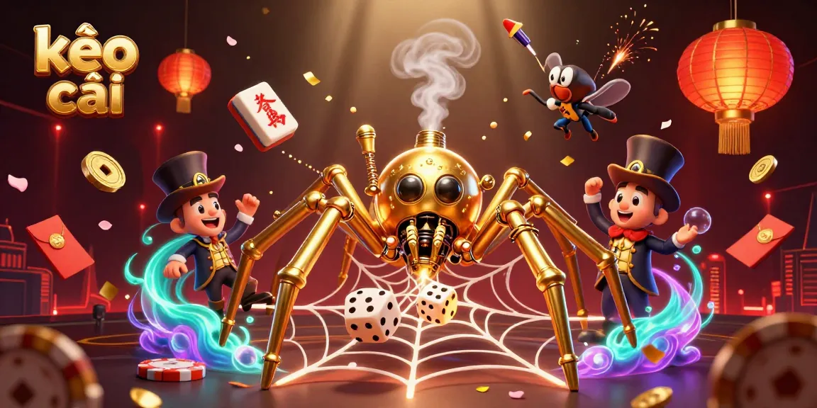 Engage with kèo nhà cái through a rich illustration of a golden spider and vintage fly in a vibrant casino scene.