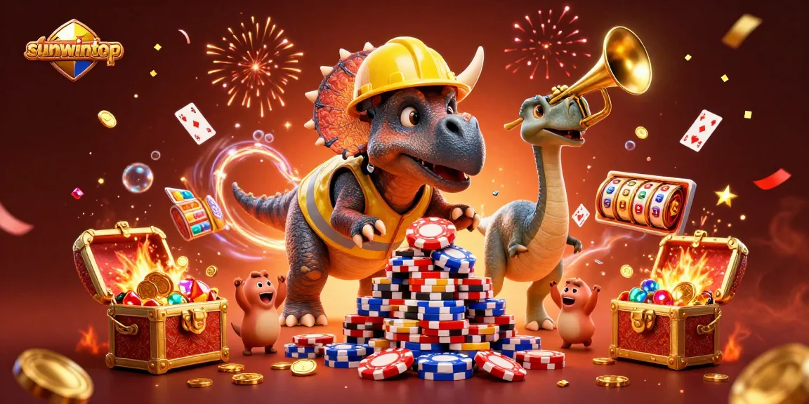 Engage with sunwintop characters celebrating as triceratops builds a poker chip pyramid amid casino excitement.