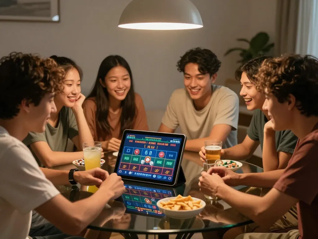 Engaged friends playing tài xỉu online on a mobile app during a casual home game night