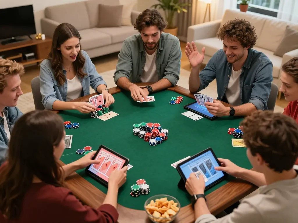nk881 players enjoying an online poker game surrounded by vibrant chips and snacks in a home setting