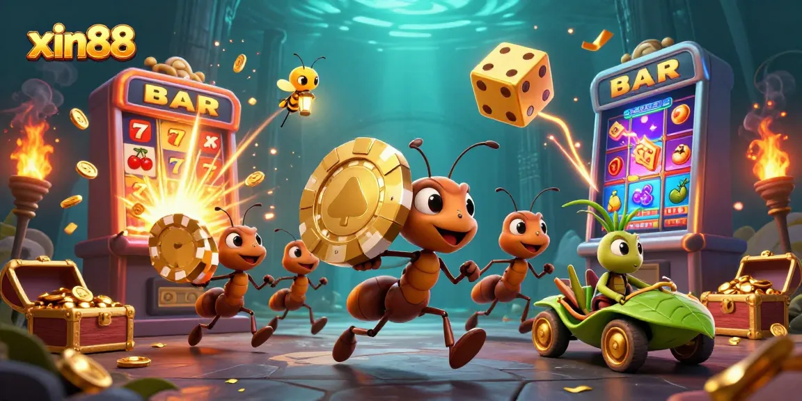 Experience the thrilling escapades of xin88 with a heist scene of ants and dazzling casino elements.