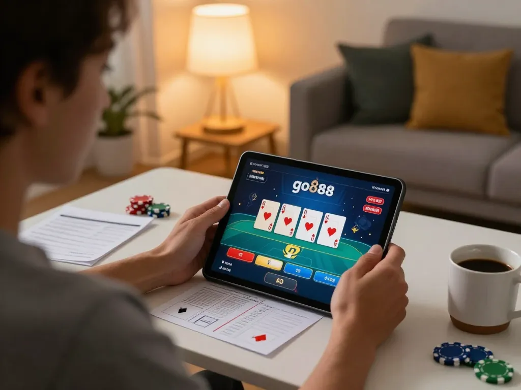 Engaging home gaming moment playing game go88 on tablet with warm ambiance and strategic notes
