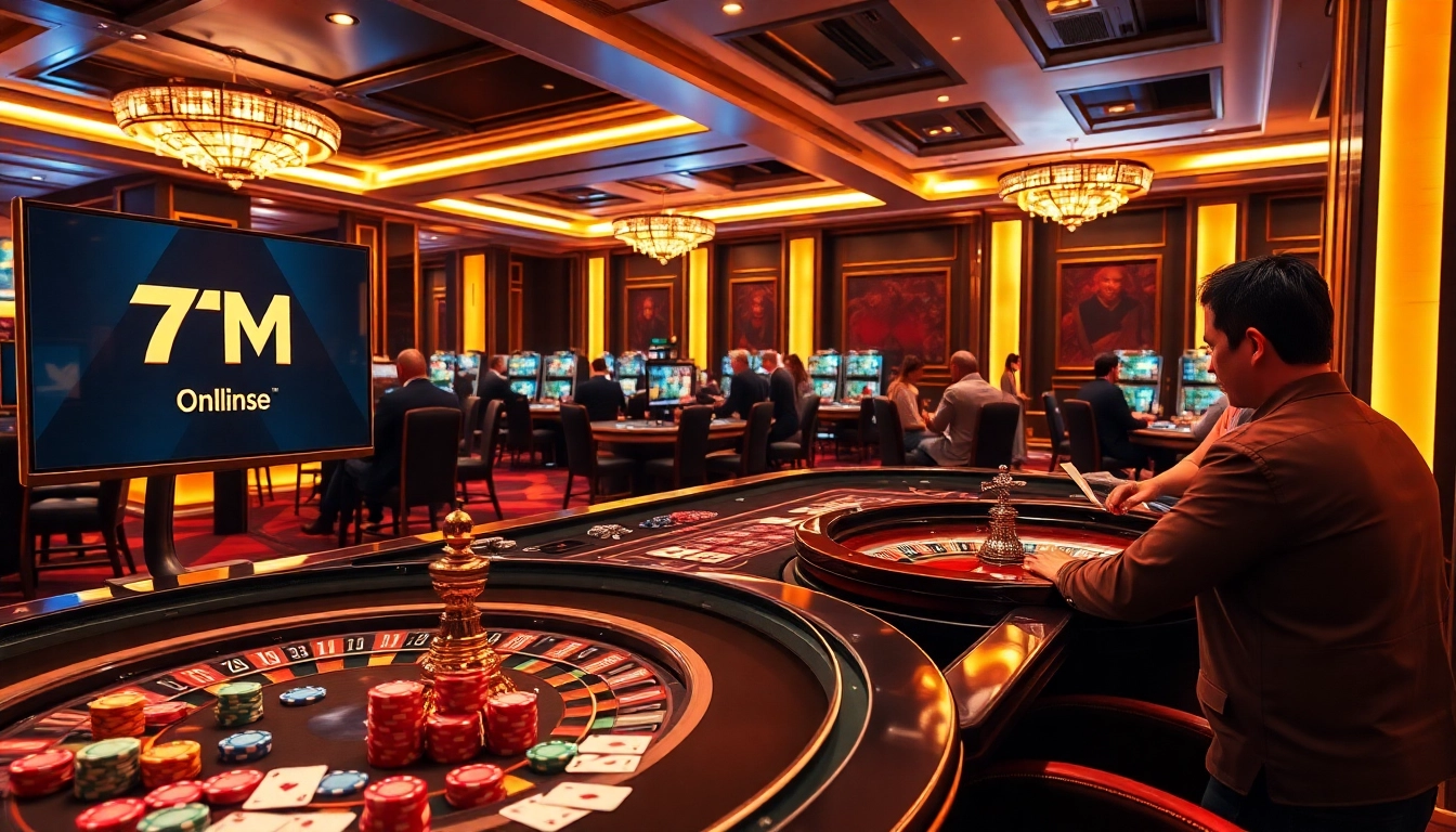 Engaged gamblers place bets at a luxurious casino table featuring the 7M logo and vibrant poker chips.