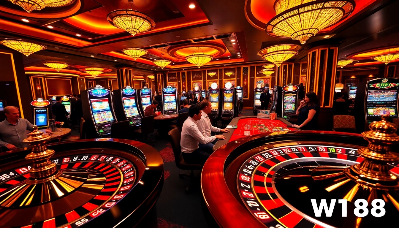 Players enjoying a thrilling game of roulette at W188 casino, showcasing vibrant tables and luxury.
