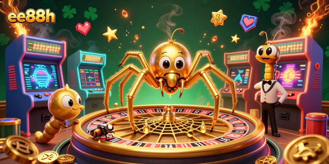 Engage with ee88h's vibrant casino world featuring a roulette-themed web and colorful arcade elements.