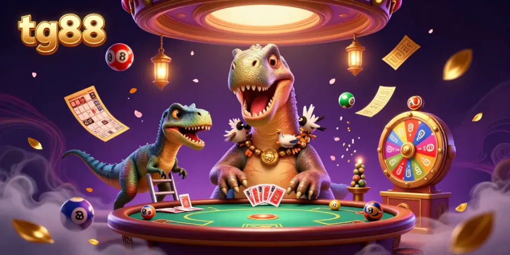 Engage in thrilling gaming with tg88 at a vibrant cartoon casino featuring a towering brontosaurus and a raptor dealer.