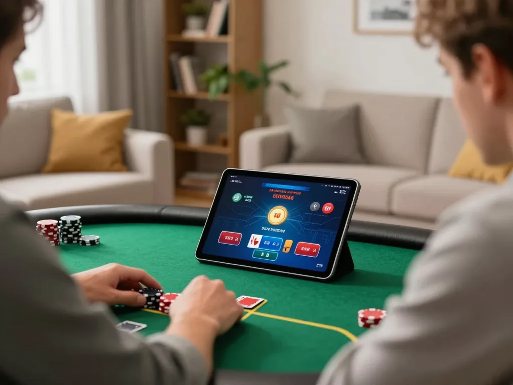 7M online casino gaming scene with a player engrossed in poker on a tablet, stylish home setting.