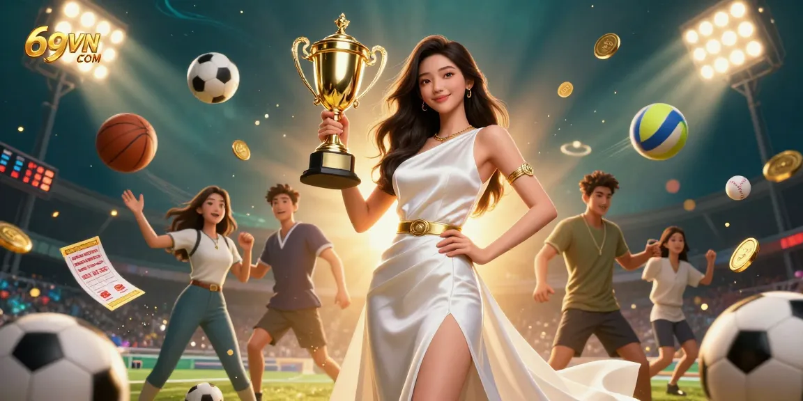 Win exciting sports bets at 69VN COM with a stunning Asian winner holding a golden trophy.