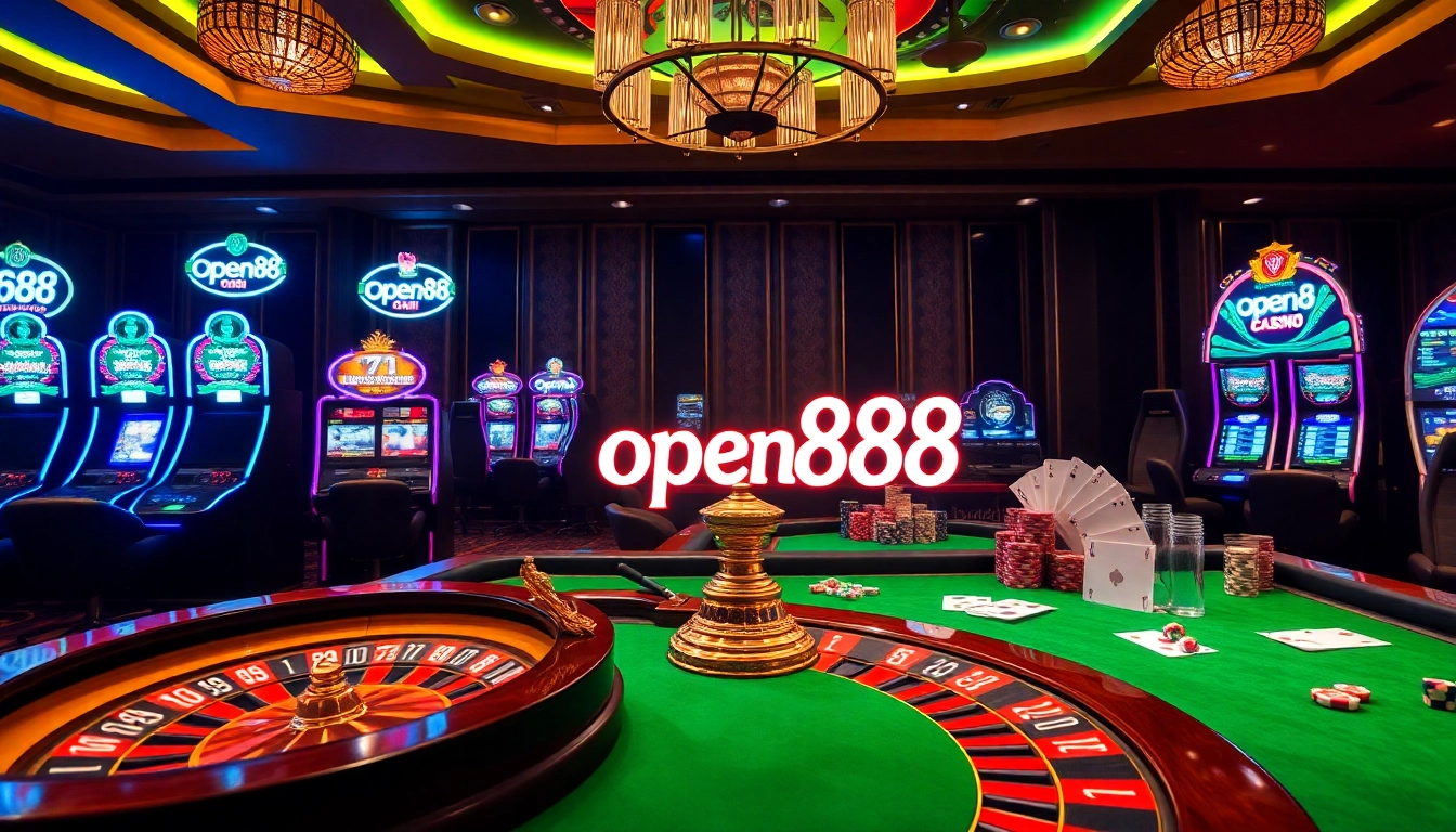 Experience the excitement of OPEN88 with vibrant casino visuals featuring roulette, poker, and slot machines.