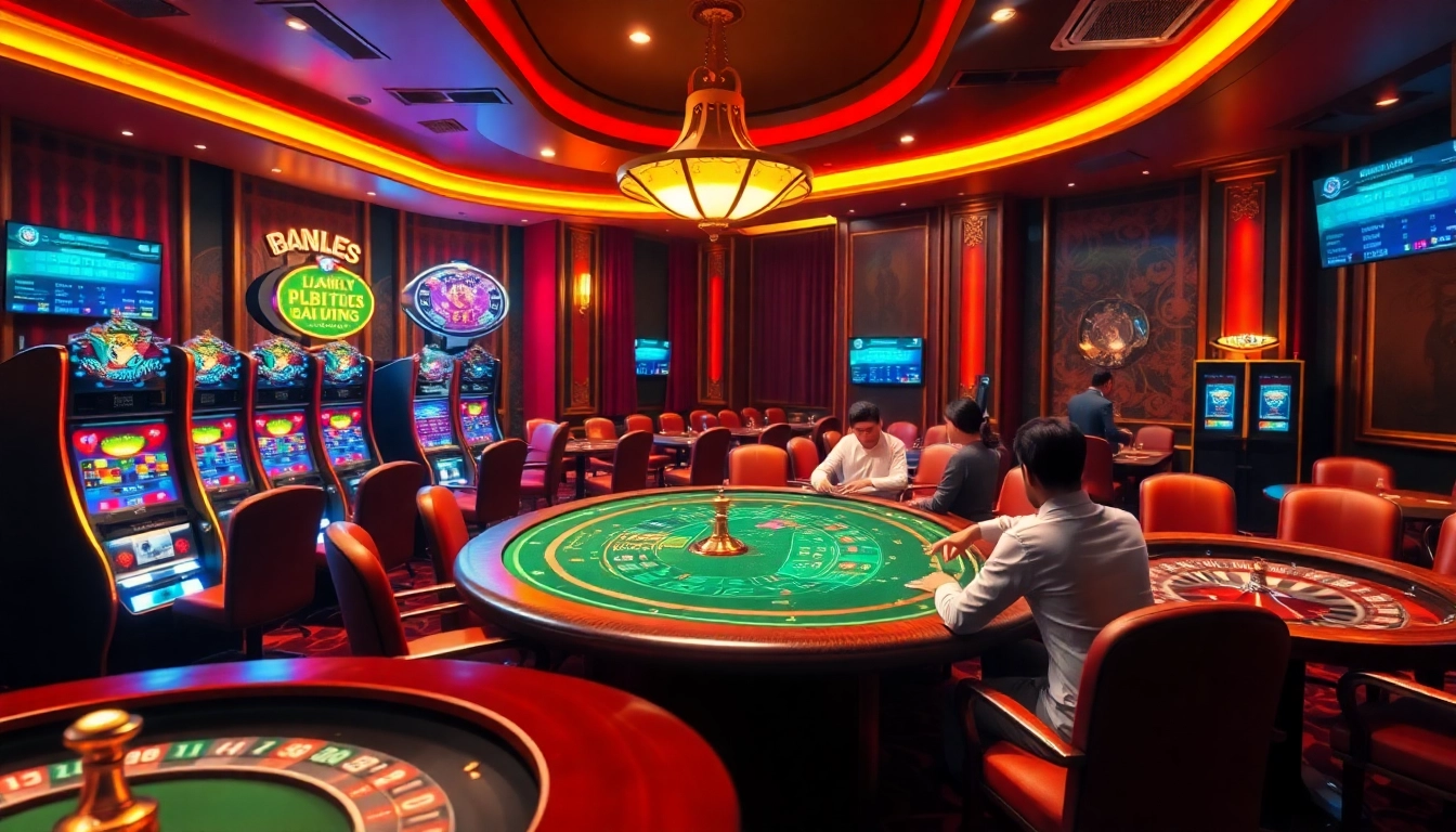 The vibrant gambling scene at Trang chủ LUCKY88 showcases players enjoying poker and blackjack amidst luxurious casino elements, creating an immersive experience.