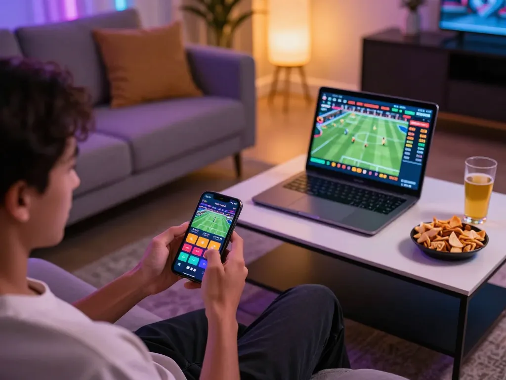 Engaging in lu88 đăng nhập while enjoying sports betting on smartphone in a cozy home setting.