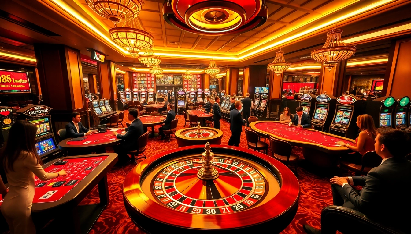 Exciting casino scene at Xin88 featuring vibrant gaming tables and slot machines.