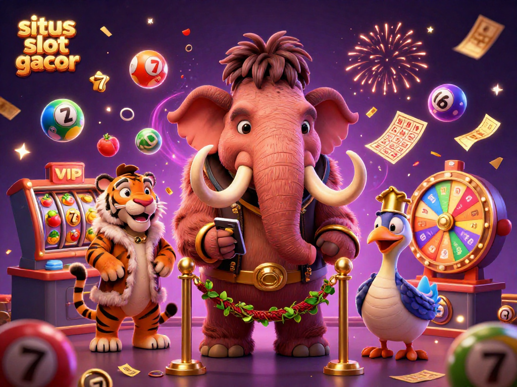 Experience excitement at situs slot gacor with a vibrant 3D illustration of a casino bouncer and VIP guests surrounded by games.