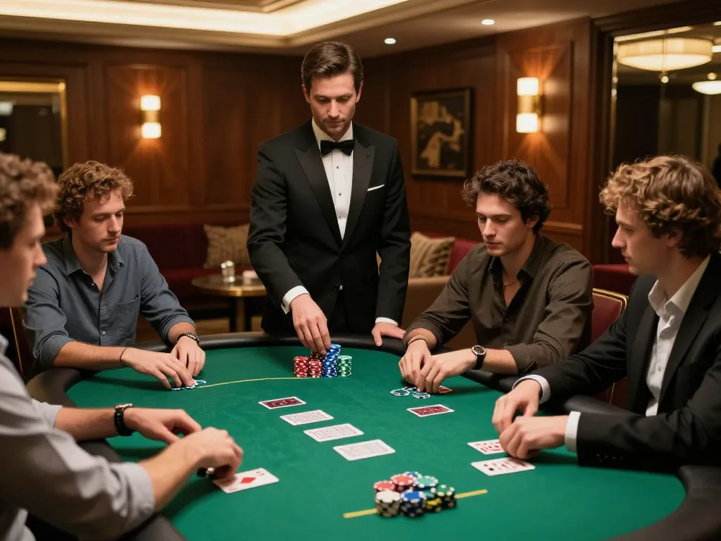 Players strategizing at a 33win poker table in a luxurious casino setting, showcasing engaged gameplay and dynamic atmosphere.