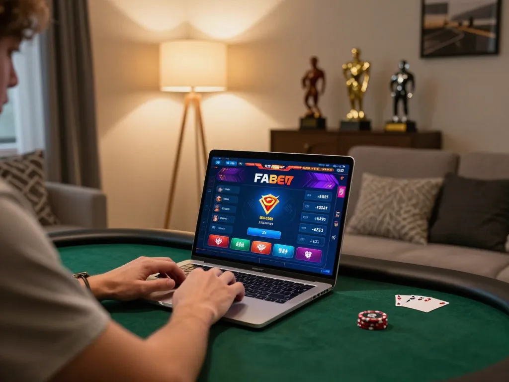 Engaging Fabet đăng nhập scene with a player focused on online poker gameplay in a modern home setting.