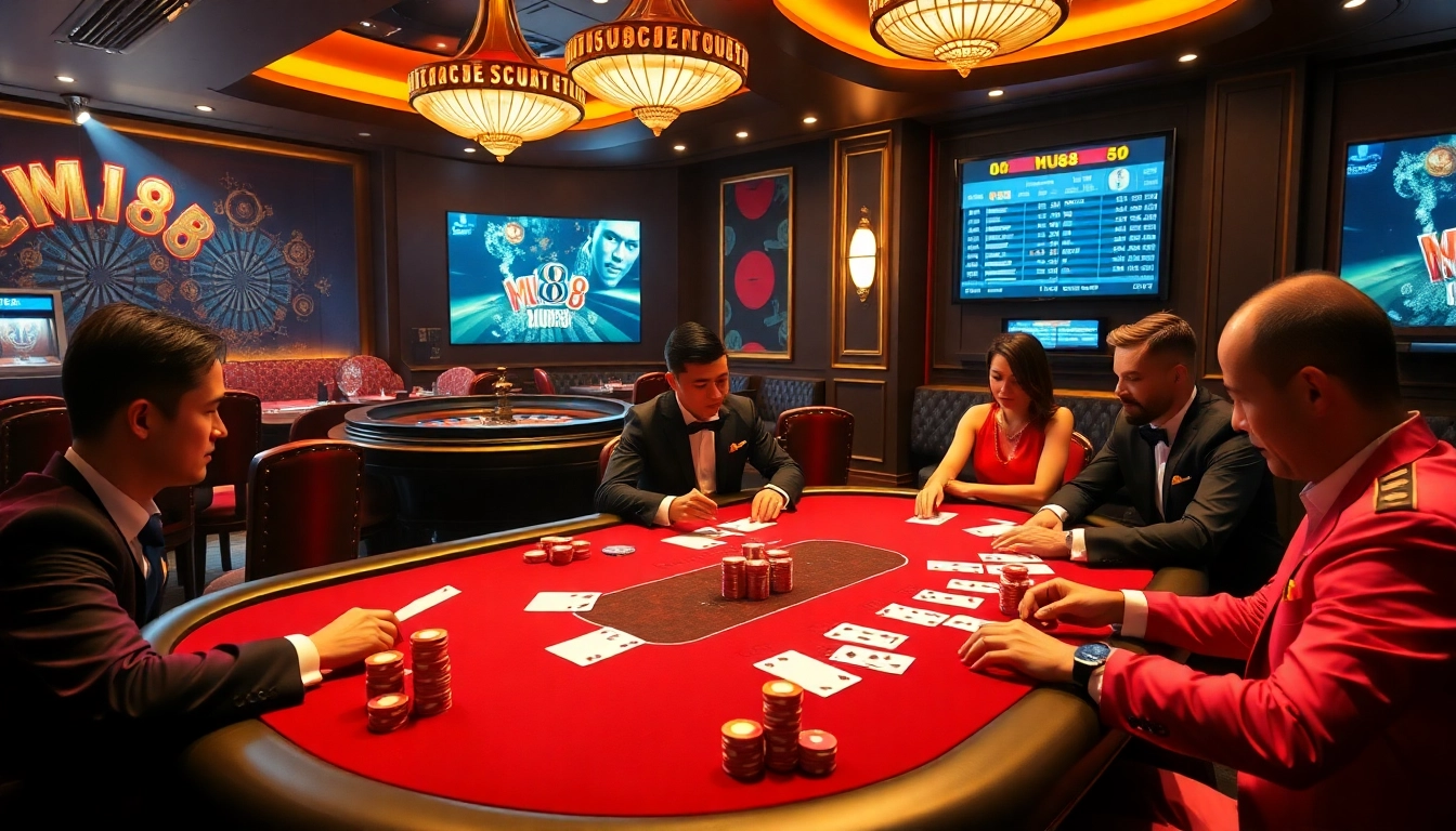 Players engage at the MU88 poker table, surrounded by glimmering chips and cards.